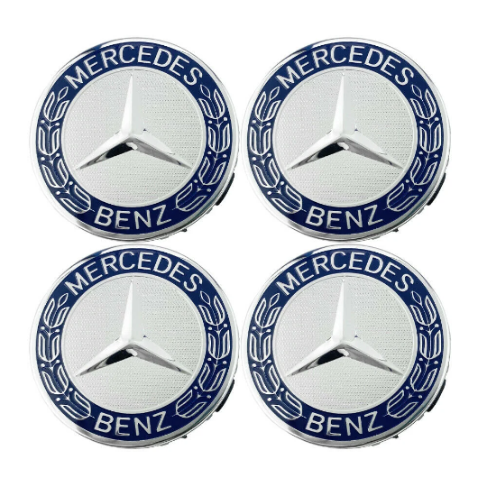 4x Cache Moyeu Mercedes 75mm Gris  et bleu Logo Centre Roue jante Embleme