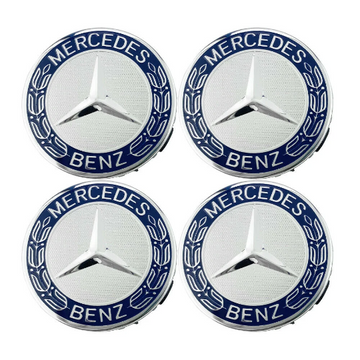 4x Cache Moyeu Mercedes 75mm Gris  et bleu Logo Centre Roue jante Embleme