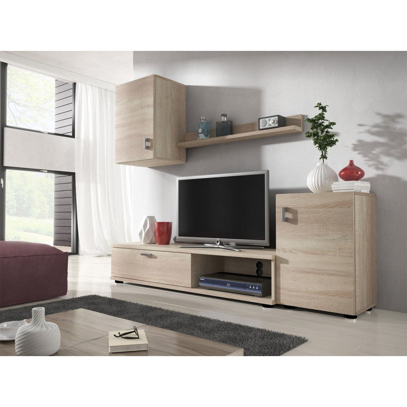LIVIA - Meuble TV 1 porte avec étagère et colonne murale - Bois